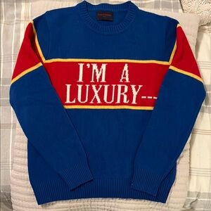 NWOT Gyles & George Blue/Red Sweater “I'm a Luxury” Size Medium Rowing Blazers